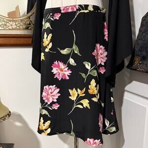 VTG 90s Petite Sophisticate Black, Pink & Yellow Floral Silk Femme Mini Skirt